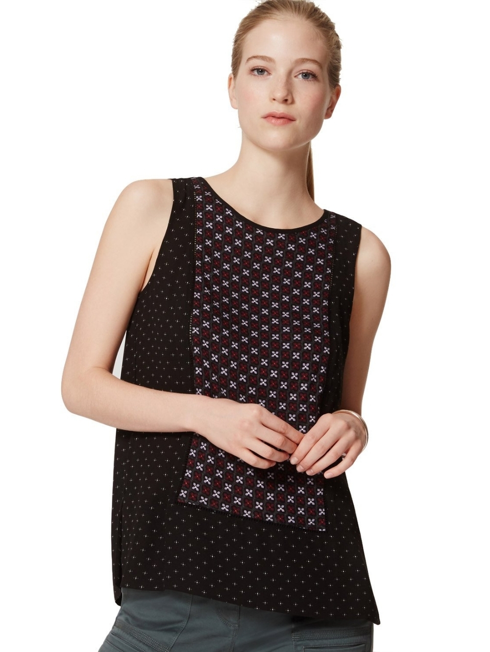 LOFT Black Floral Knit Top with Pink Accents